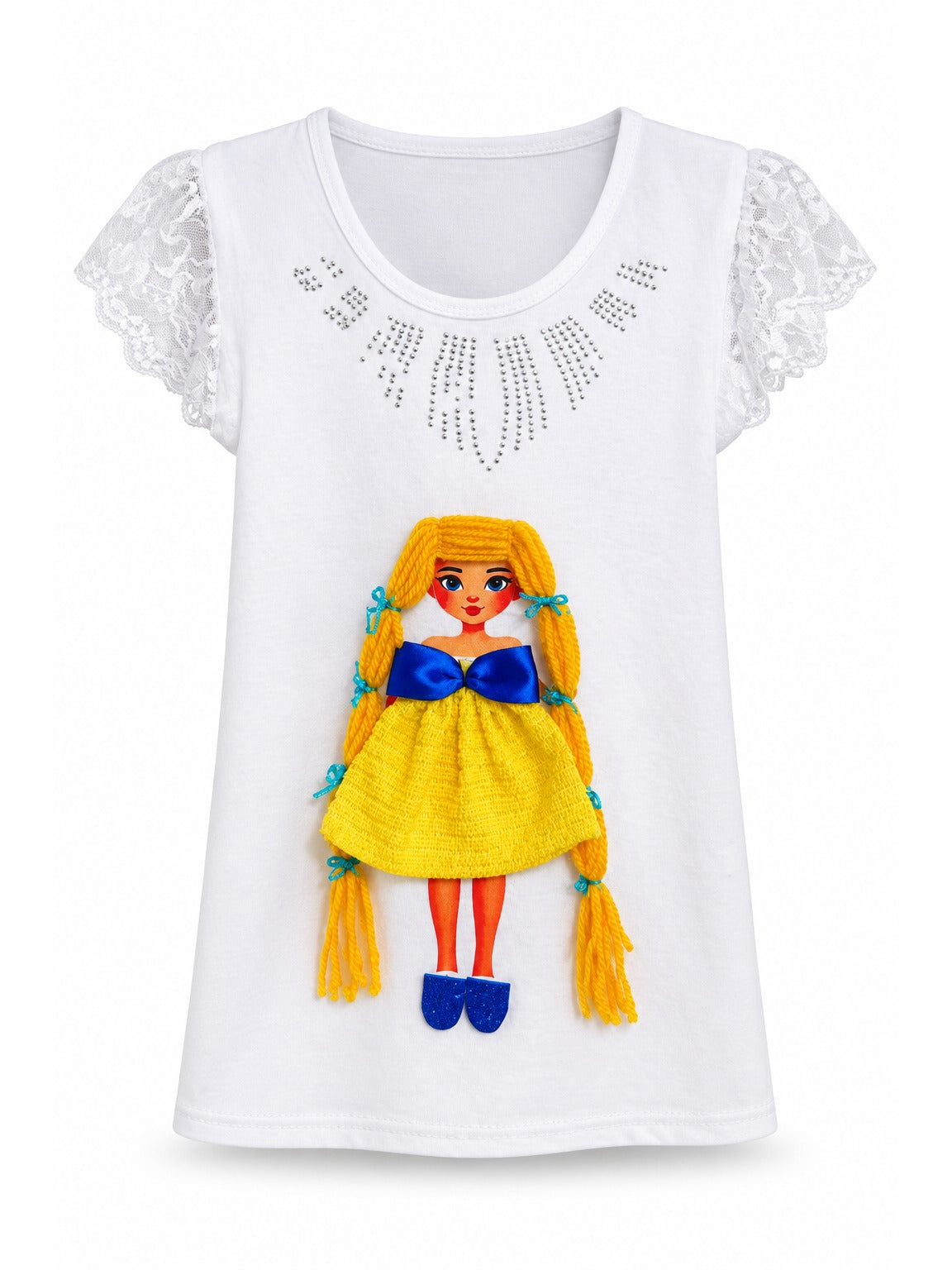 White girls T-shirt with lace sleeves, rhinestone neckline, and handmade doll appliqué with long yellow yarn braids, blue satin bow, and yellow dress