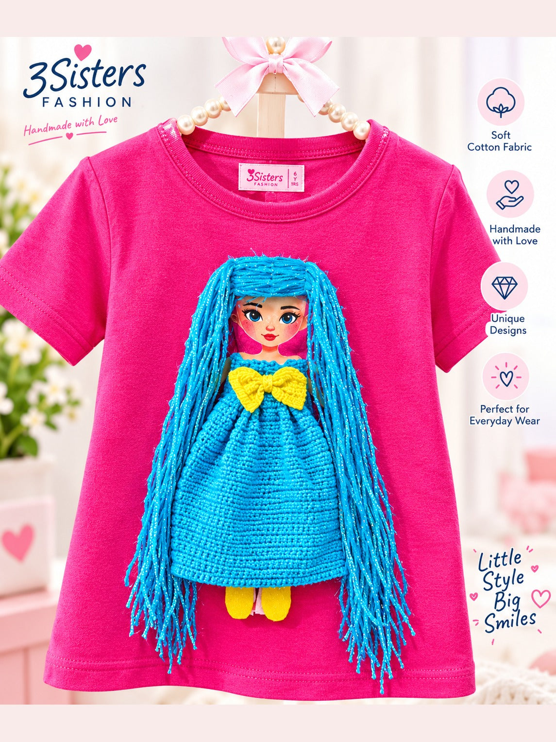 Pink girls T-shirt with handmade doll appliqué featuring long blue yarn hair, blue knit dress with yellow bow, and yellow shoes