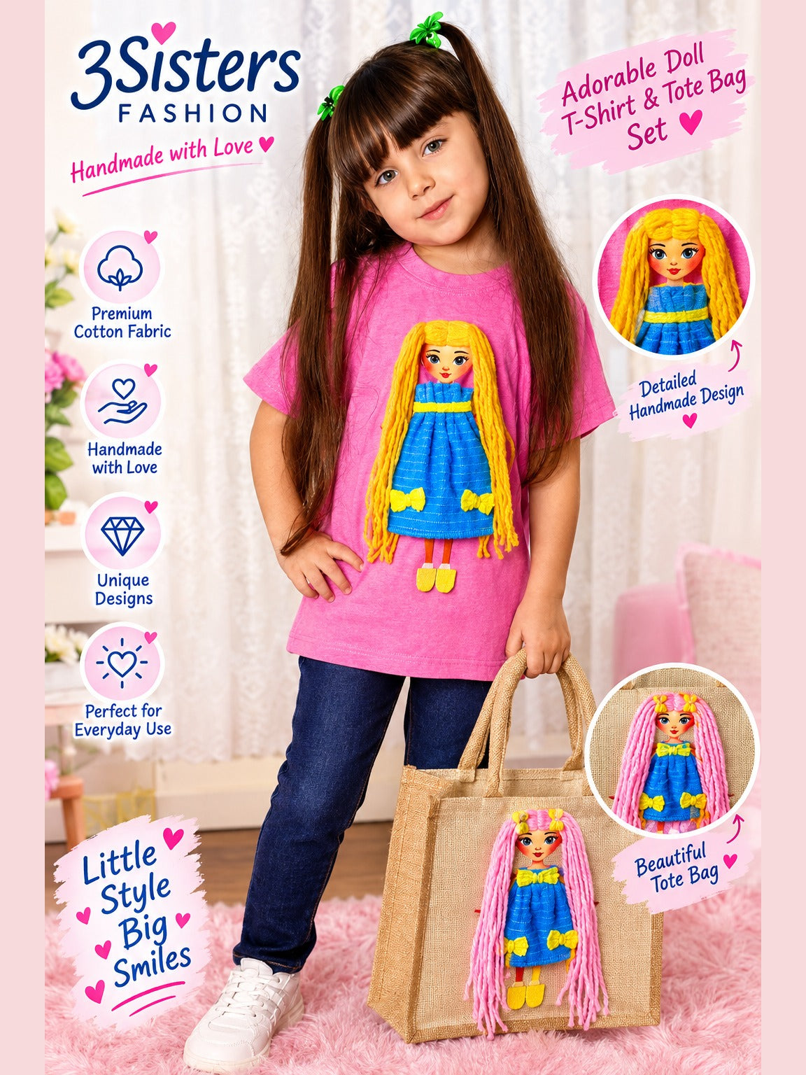 Marketing photo of a young girl wearing a pink doll T-shirt and holding a natural jute tote bag with a pink-haired doll appliqué in a blue dress