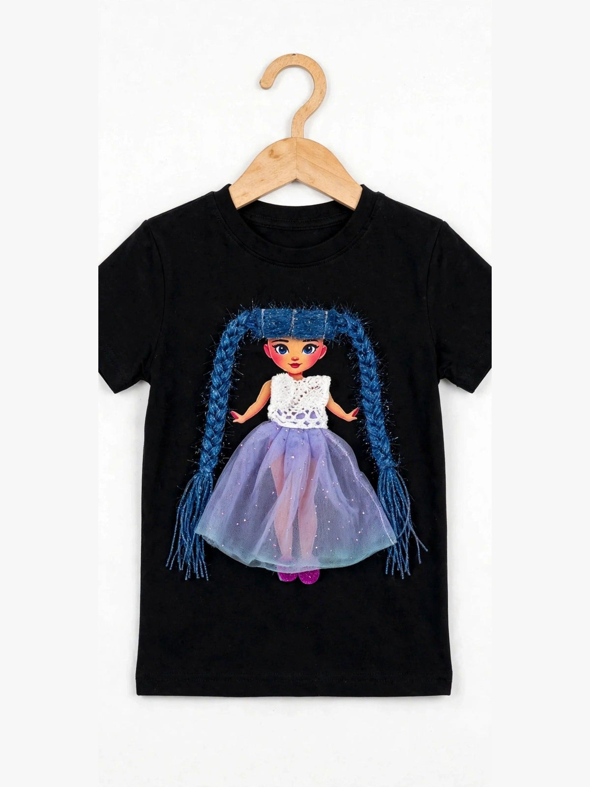 Black T-shirt with handmade doll appliqué, blue yarn hair and purple skirt