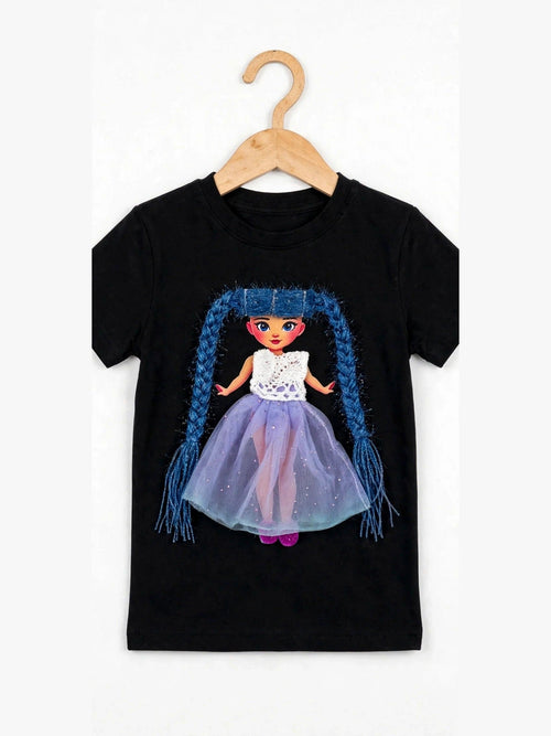 Black T-shirt with handmade doll appliqué, blue yarn hair and purple skirt