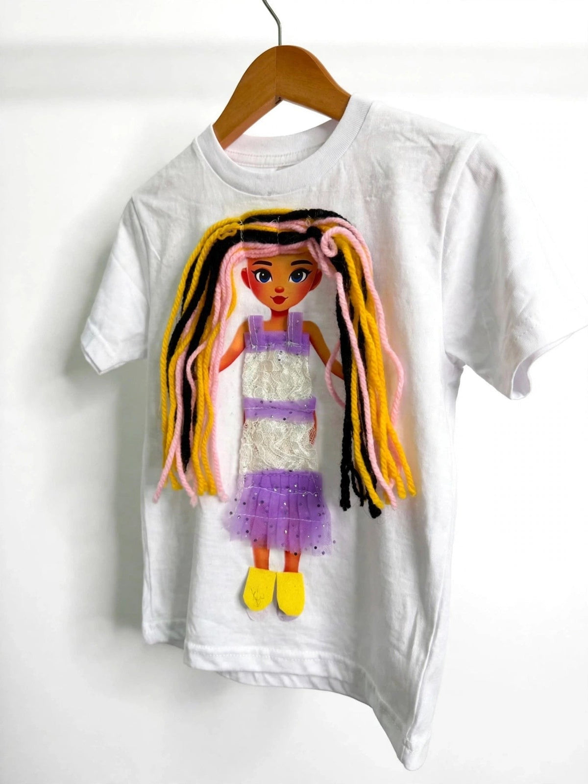 White doll T-shirt with streaked-hair doll in lace dress, alternate product photo