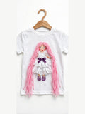 White T-shirt with handmade doll appliqué, pink yarn hair and white ruffle dress