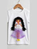 White T-shirt with handmade doll appliqué, dark yarn hair and purple tulle skirt