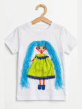 White T-shirt with handmade doll appliqué, blue yarn hair and lime dress