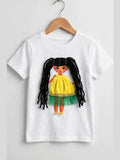 White T-shirt with handmade doll appliqué, black yarn hair and yellow-green dress