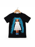 Black T-shirt with handmade doll appliqué, blue yarn hair and eyelet dress