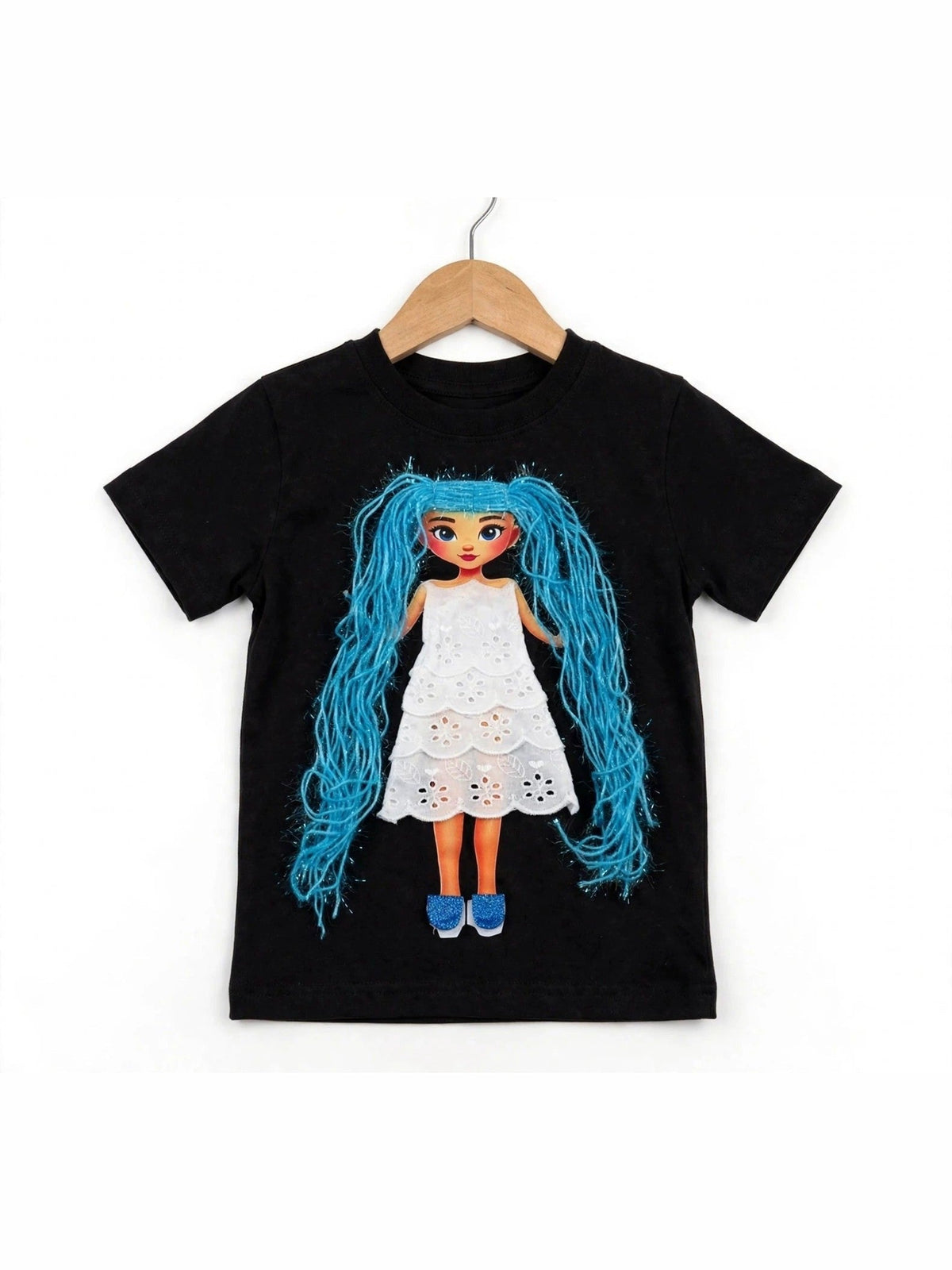 Black T-shirt with handmade doll appliqué, blue yarn hair and eyelet dress