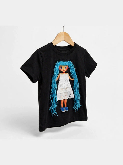 Black doll T-shirt with blue-haired doll in eyelet dress, alternate product photo