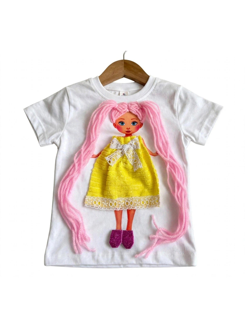 Handmade pink hair doll design in yellow dress on white T-shirt, product photo