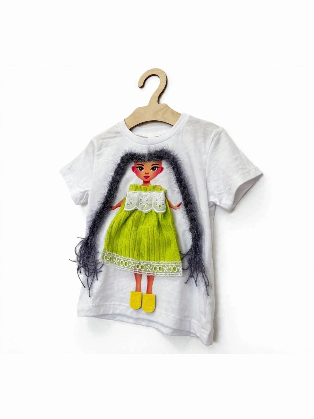 White doll T-shirt with dark-haired doll in green dress, alternate product photo