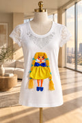 Handmade Doll T-Shirt – Yellow Hair & Blue Bow