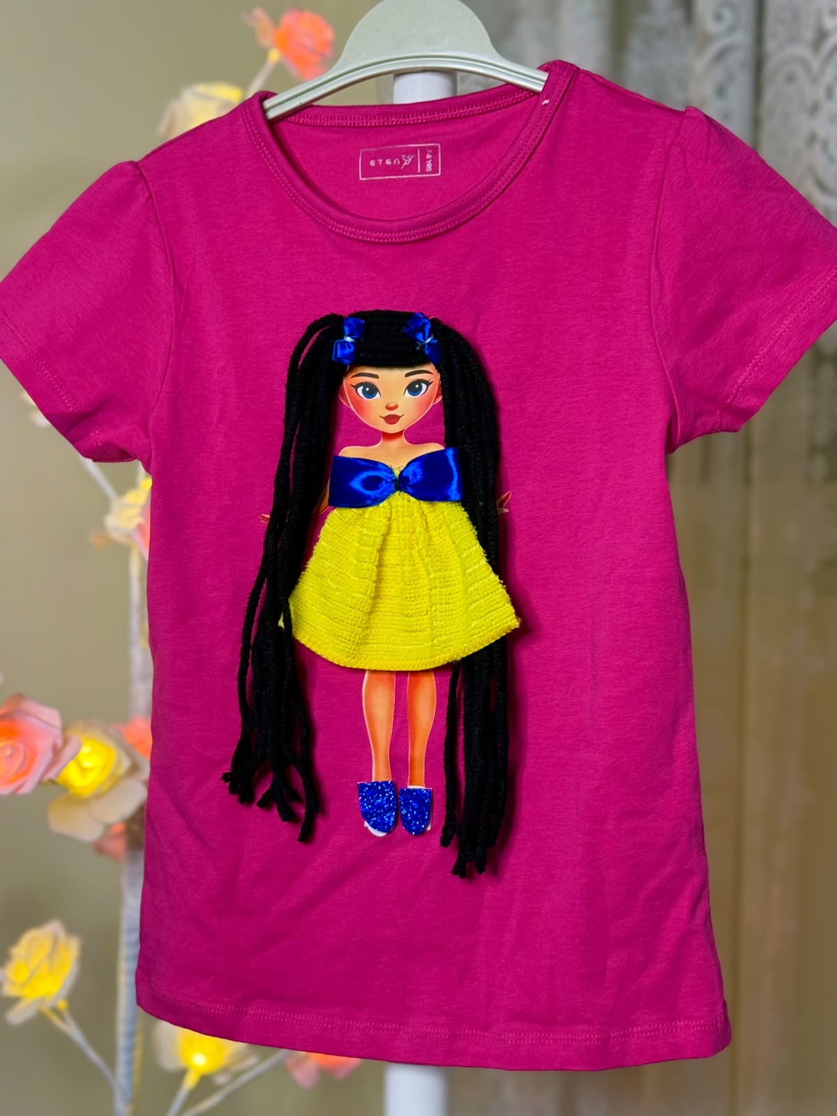 Handmade Doll T-Shirt – Yellow Hair & Blue Bow