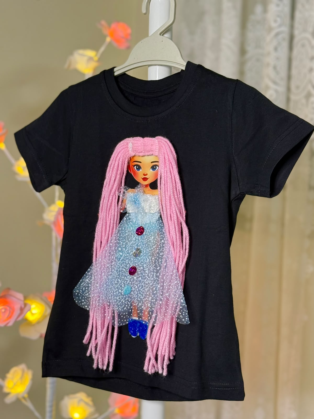Handmade Doll T-Shirt – Yellow Hair & Blue Bow