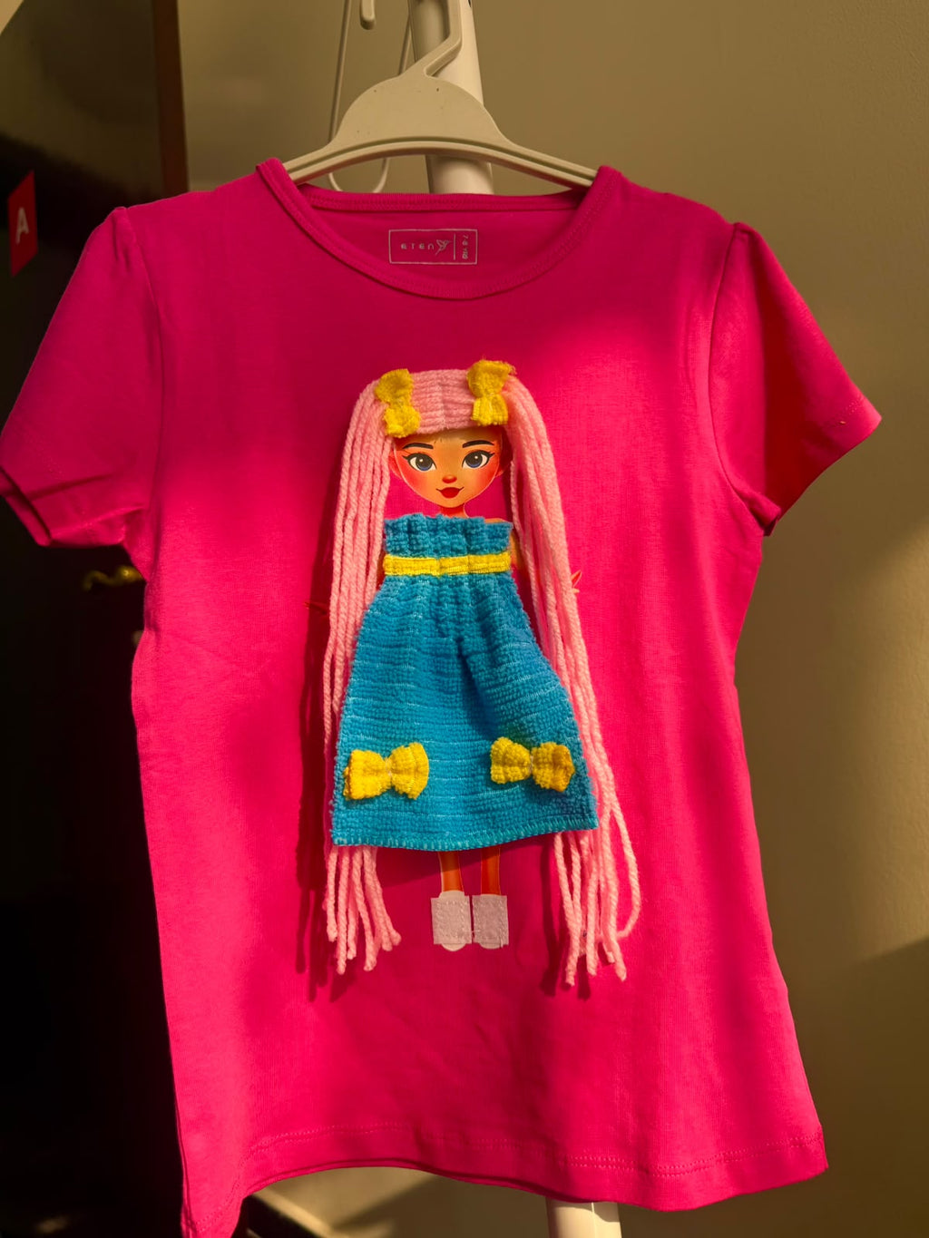 Handmade Doll T-Shirt – Yellow Hair & Blue Bow