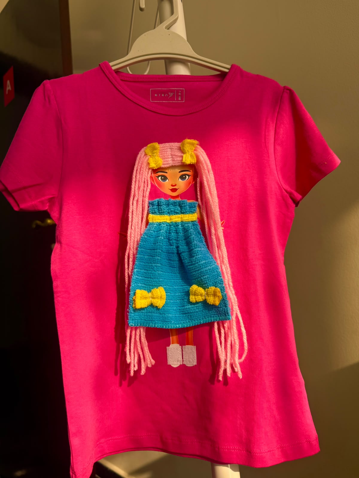 Handmade Doll T-Shirt – Yellow Hair & Blue Bow