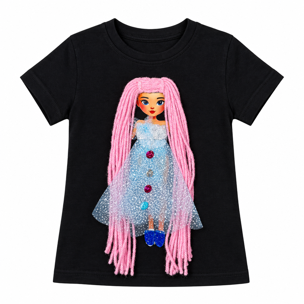 Blue Dress Pink Hair Doll T-Shirt - Black