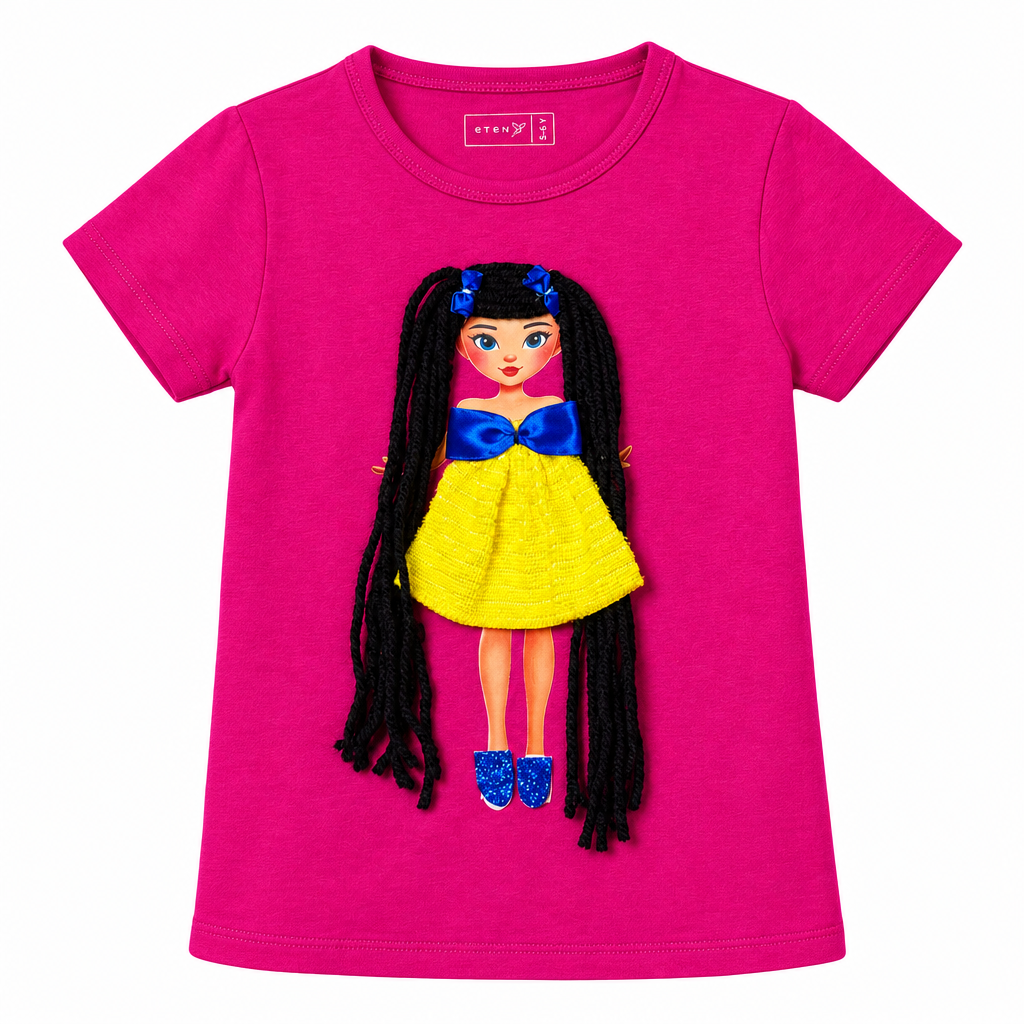 Pink T-Shirt Black Hair Doll - Clean Background